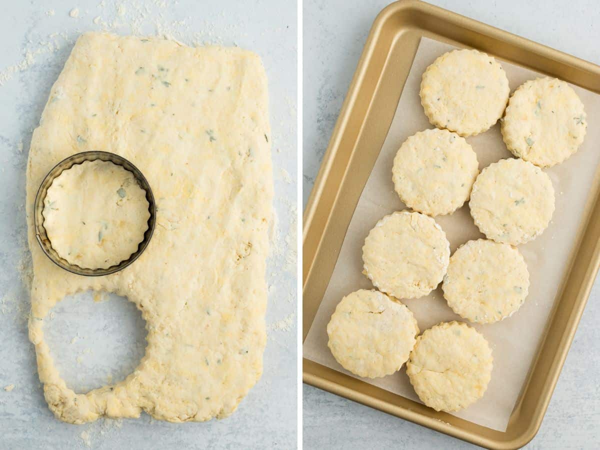 2 photos showing the process of making herb biscuits.