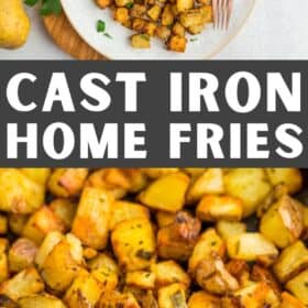 a grey plate with roasted cast iron potatoes topped with parsley.