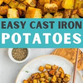a grey plate with roasted cast iron potatoes topped with parsley.