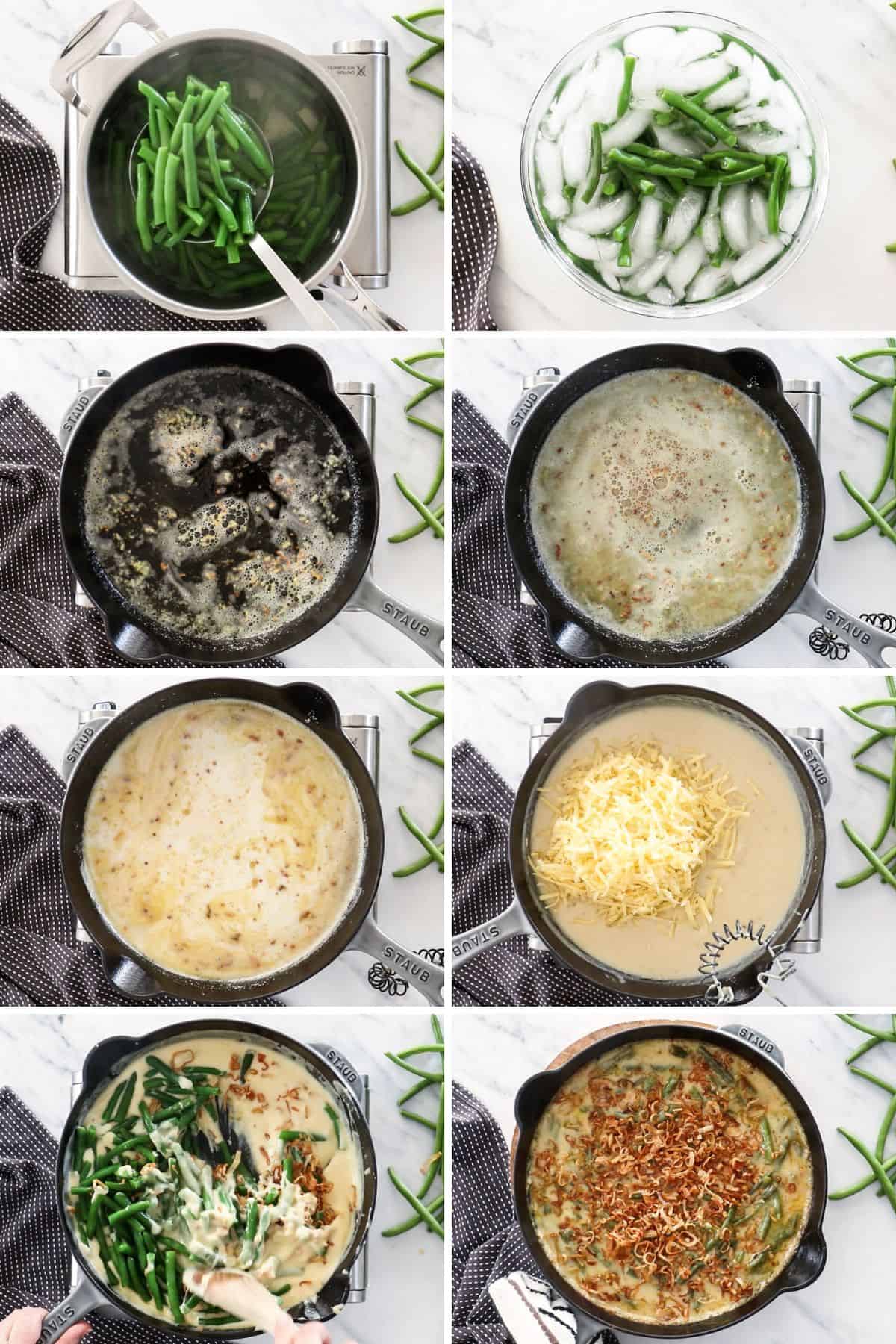 8 photos showing the process of making green bean casserole without mushroom soup.