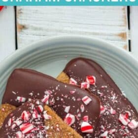 chocolate covered graham crackers topped with candy canes on a grey plate.