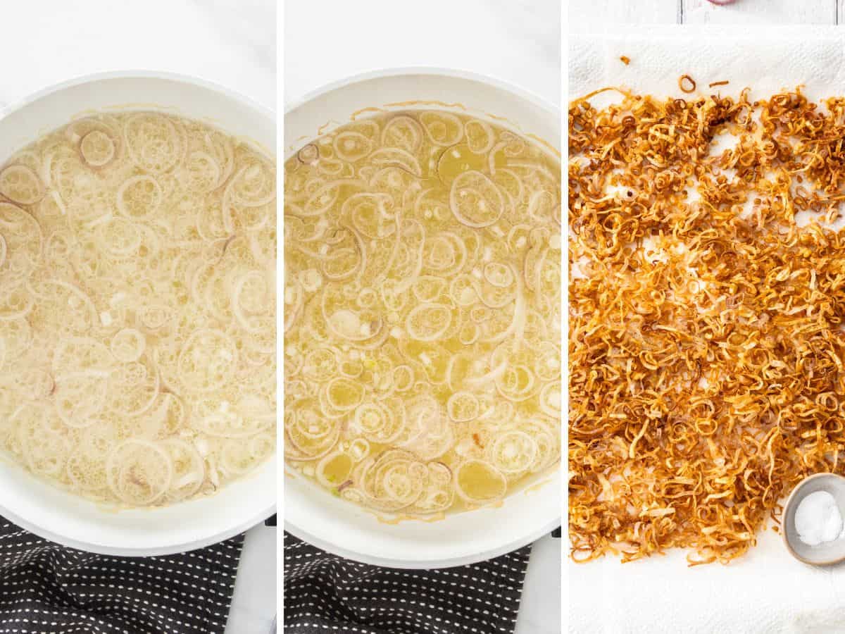 3 photos showing step by step how to fry shallots.