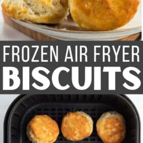 4 frozen air fryer biscuits on a grey speckled plate.