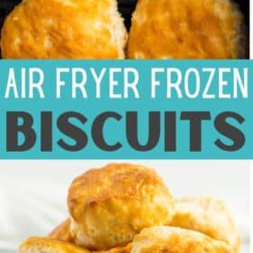 4 frozen air fryer biscuits on a grey speckled plate.