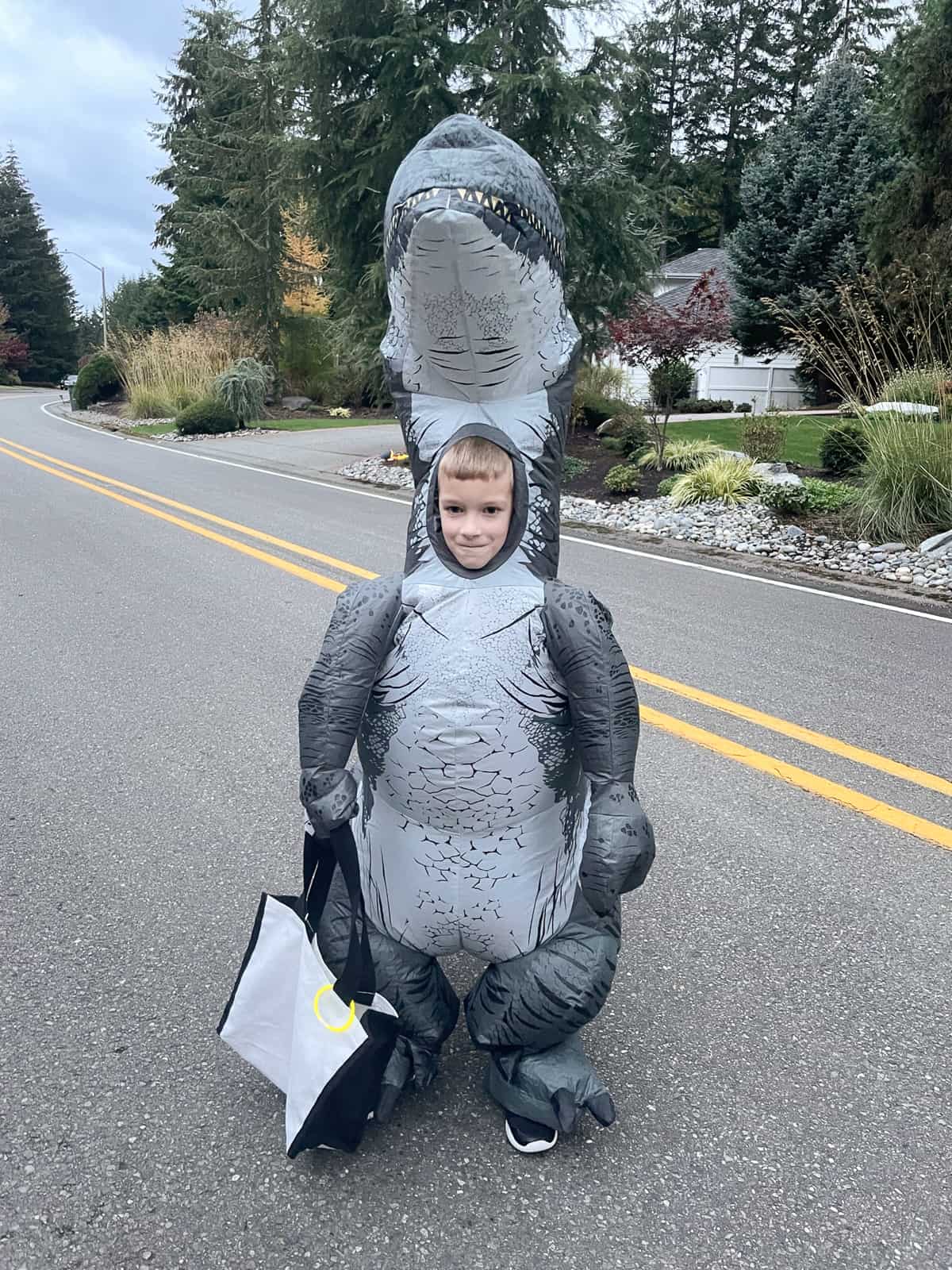 a small kid trick-or-treating in a blow up dinosaur costume.