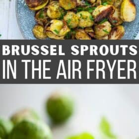 roasted brussel sprouts on a grey plate.