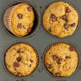 banana chocolate chip muffins in a tray.