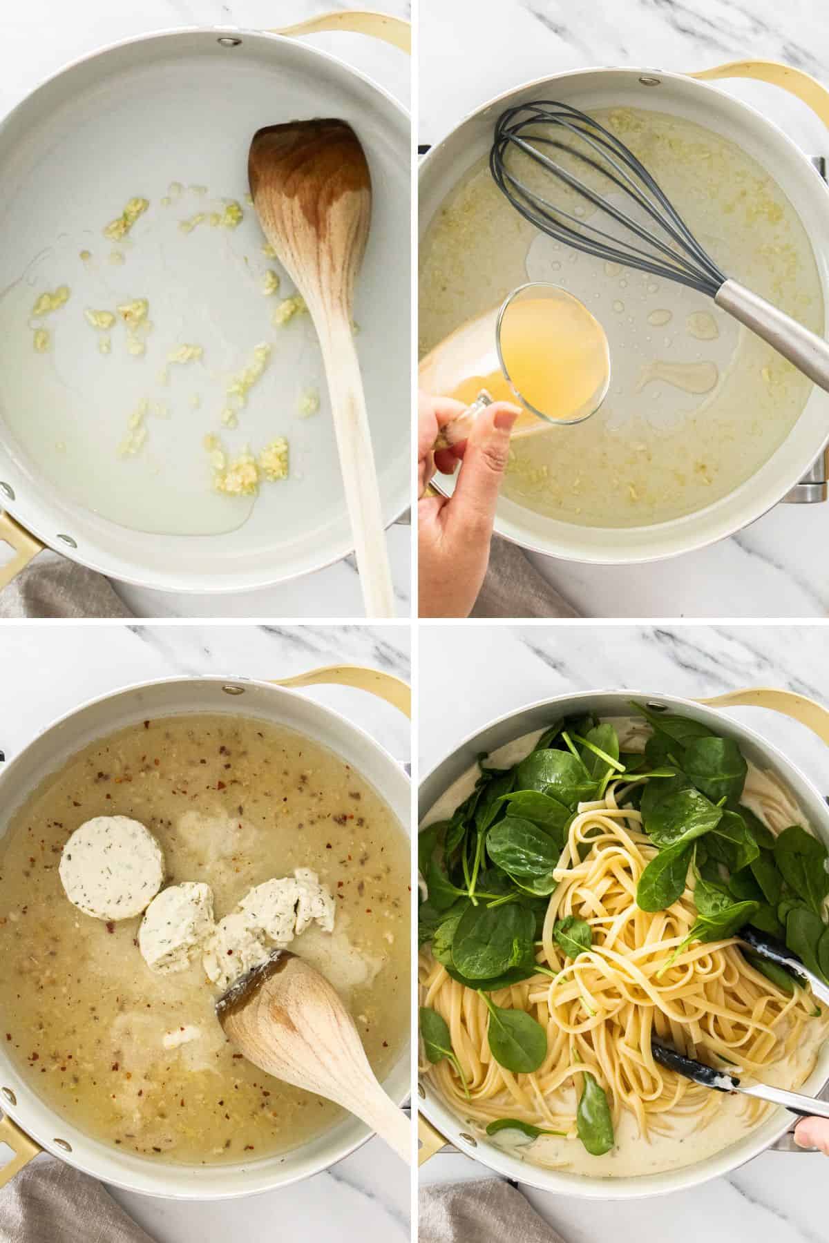 4 photos showing how to make a pasta dish with Boursin cheese.