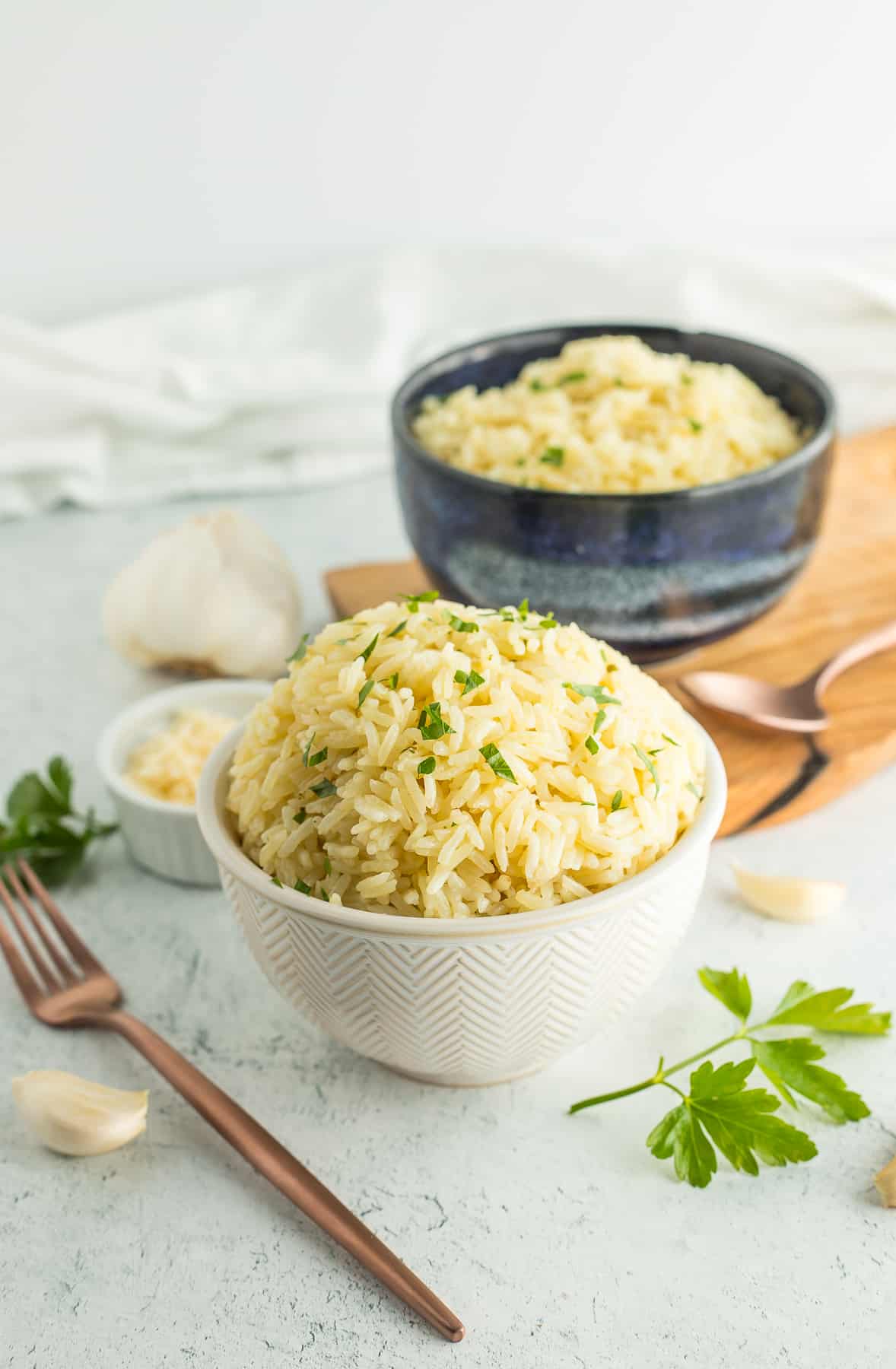 two bowls of garlic rice.