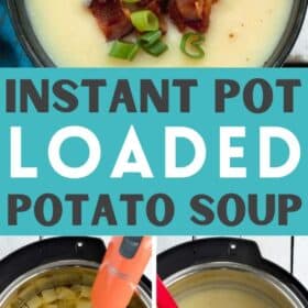 a blue bowl of instant pot potato soup topped with green onions and chopped bacon.