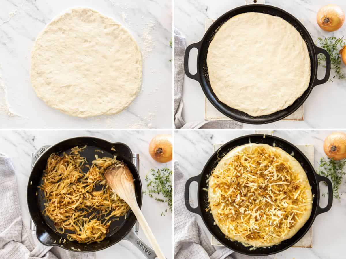 4 photos showing how to make a caramelized onion white pizza.