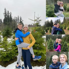 5 photos showing a mom and son over the years at a Christmas tree farm.