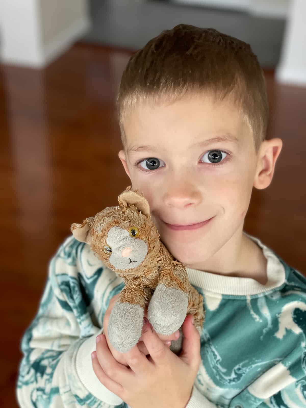 a little boy with a stuffed kitty.