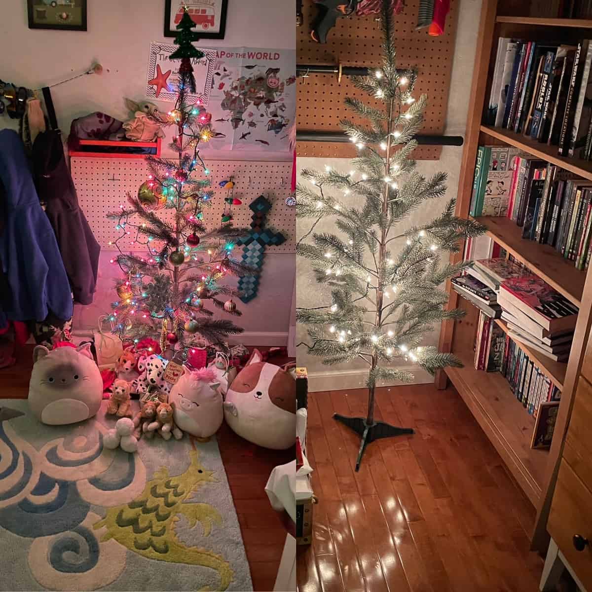 2 small Christmas trees - one has colorful lights and is heavily decorated and the other only has white lights on it.