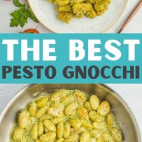 pesto gnocchi on a plate with tomatoes, a fork, and parsley.