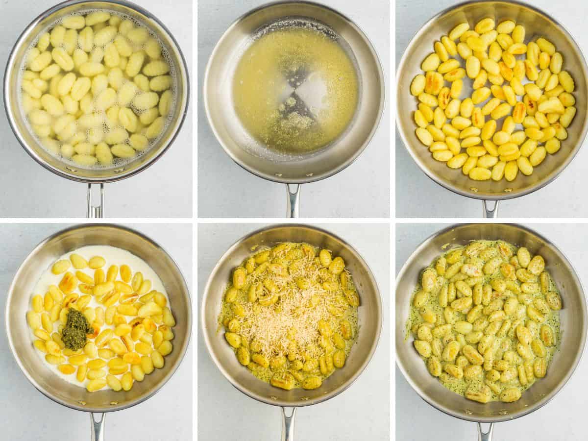 6 photos showing the process of making creamy gnocchi in a skillet.