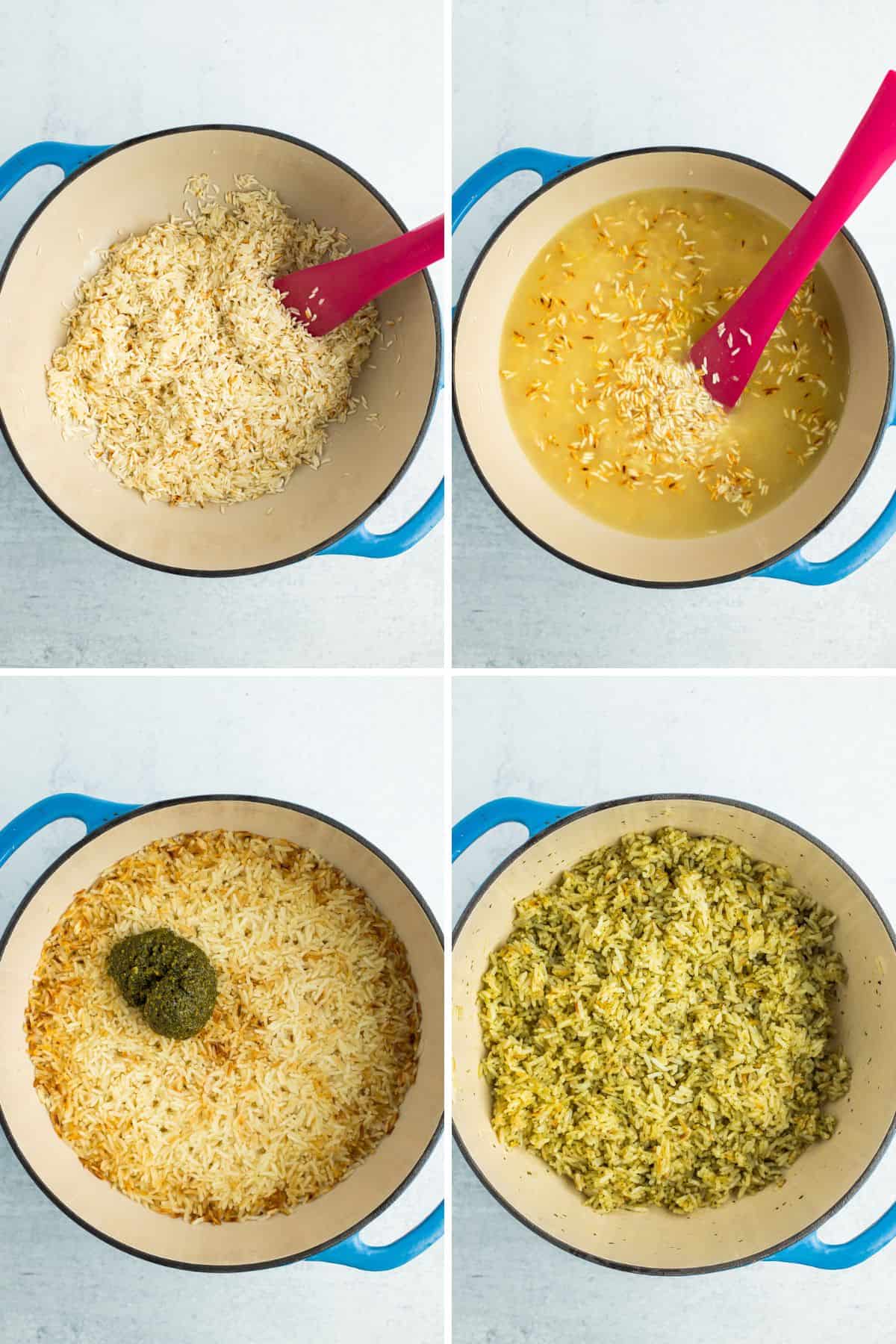 4 photos showing the steps on how to make rice with pesto