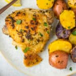a grey speckled dish with a roasted chicken thigh and potatoes topped with fresh parsley.