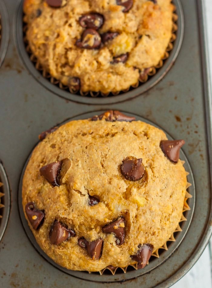 2 muffins in a muffin tin.