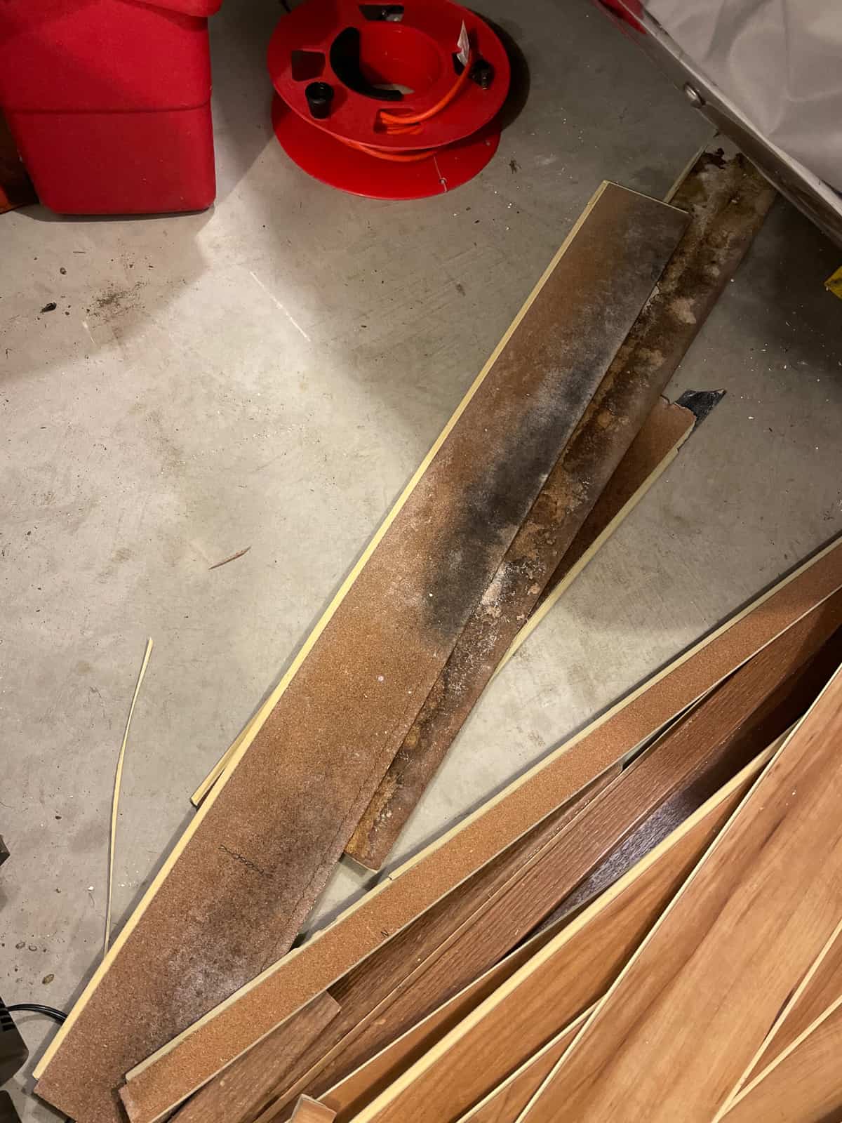 planks of wood in a garage with mold.