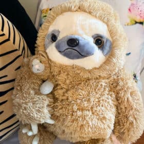 a stuffed sloth holding a stuffed kitty