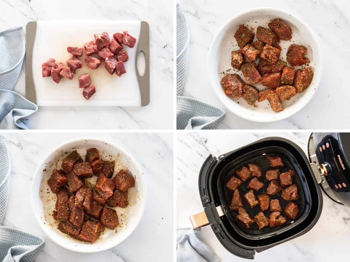 4 photos showing the process of making grilled sirloin tips in the air fryer.
