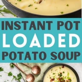 Two bowls of Instant Pot Potato Soup topped with bacon, onions, and cheese.