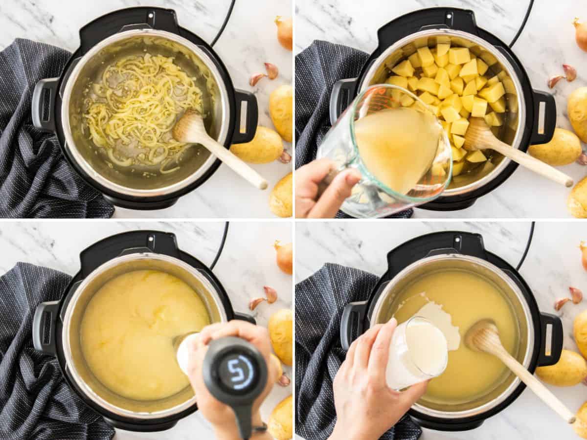 4 photos showing the process of making potato soup in a pressure cooker.