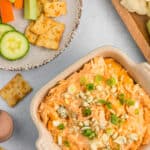 a dish of buffalo dip with veggies and carrots.