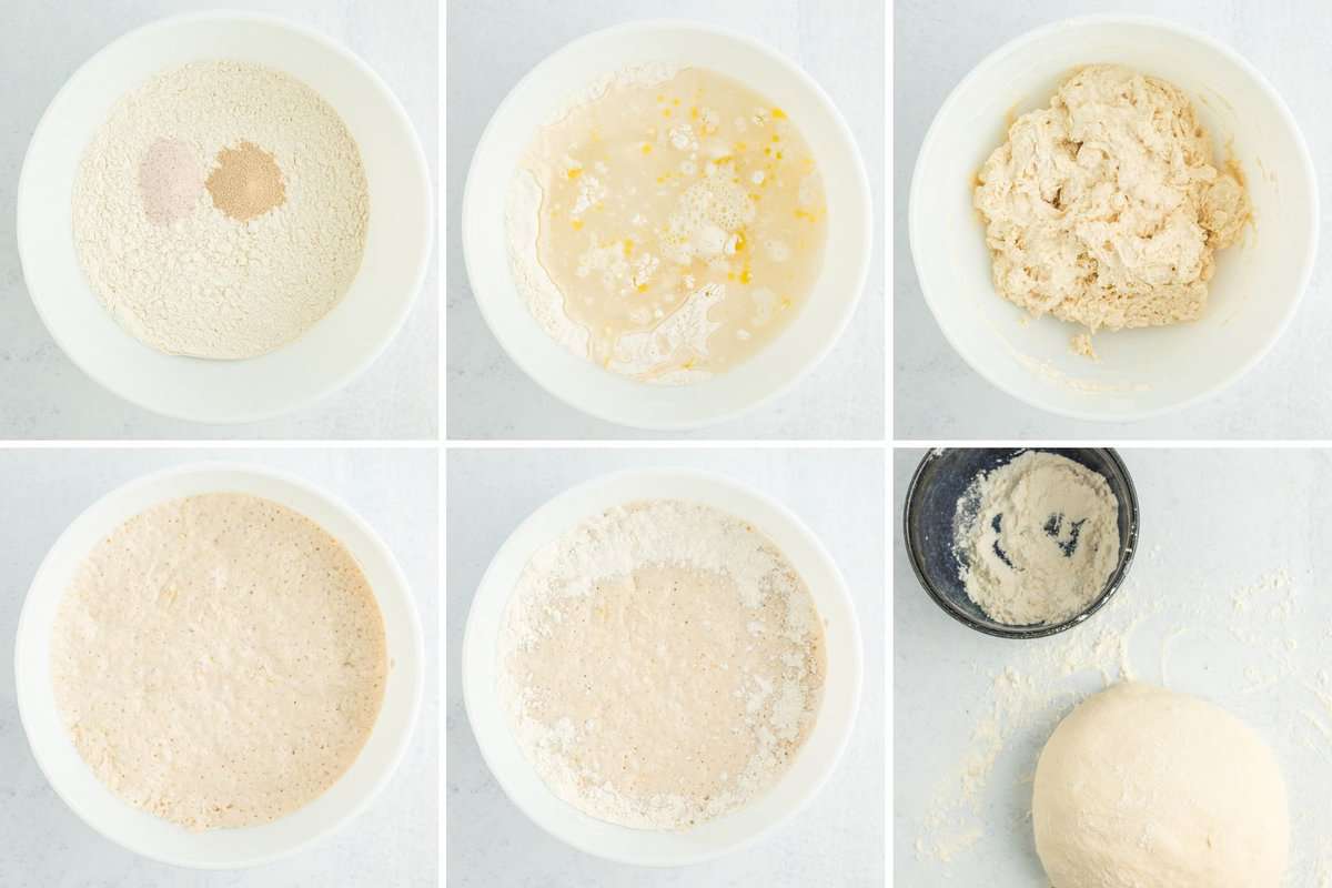 6 photos showing the process of mixing no knead pizza dough.