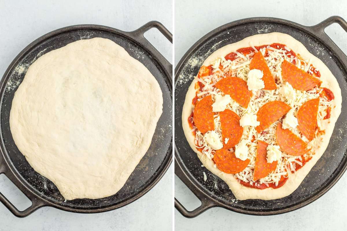 2 photos showing pizza dough on a pizza stone.