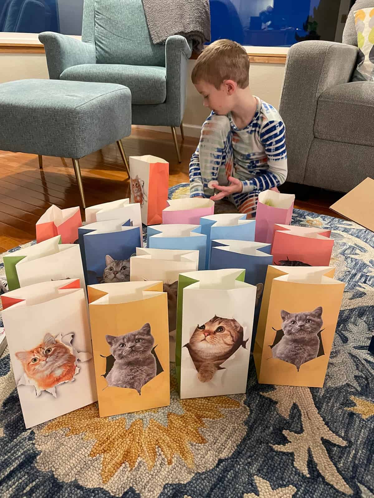 a bunch of cat goodie bags and a kid.