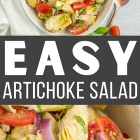 artichoke salad in a white bowl topped with chopped basil.