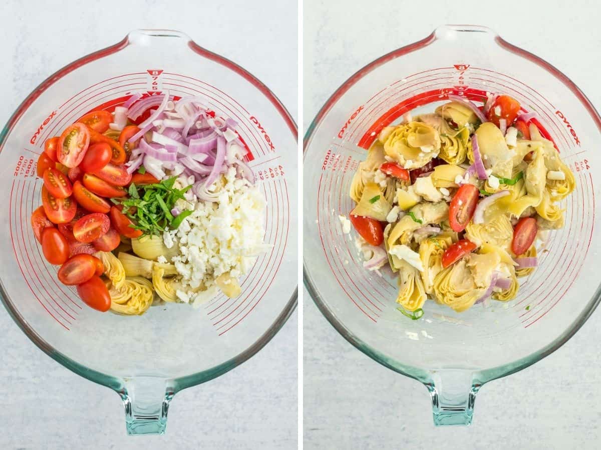 2 photos showing how to make an artichoke salad in a mixing bowl.