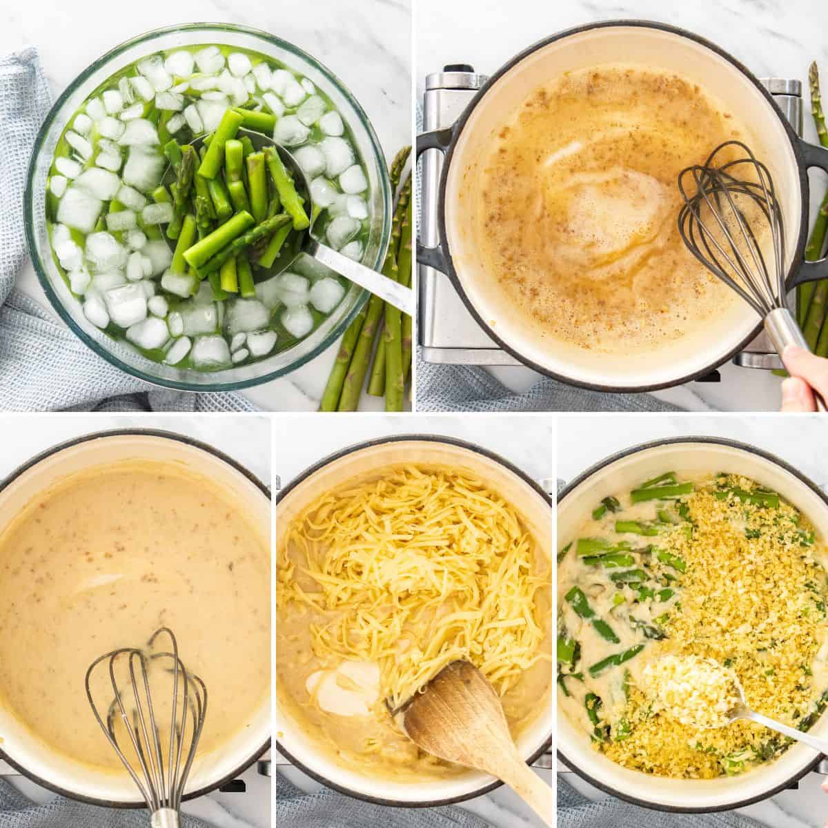 5 photos showing the process of making asparagus casserole.