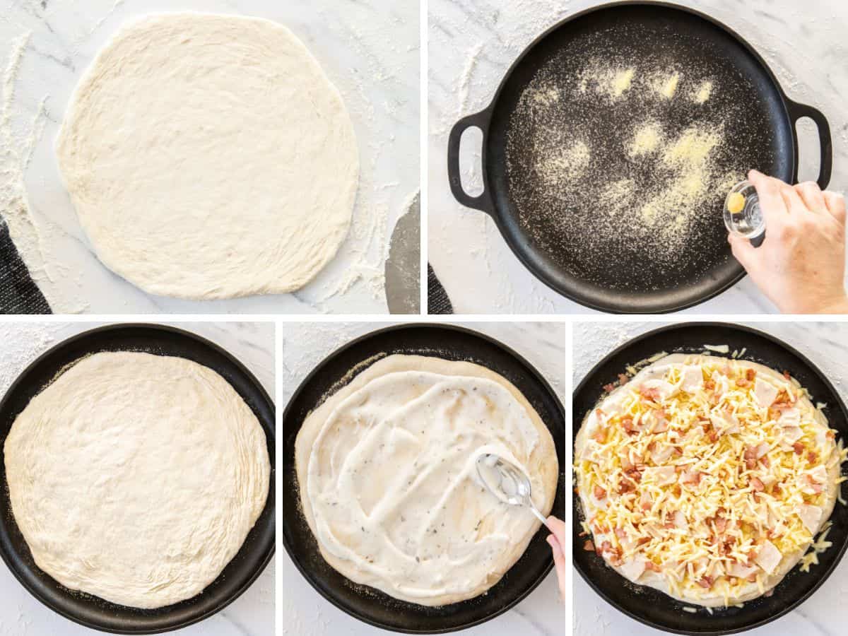 5 photos showing the process of making homemade pizza with bacon and ranch.