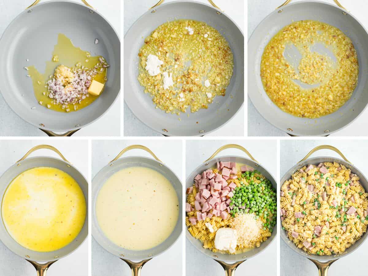 7 photos showing the process of making leftover ham and pea pasta