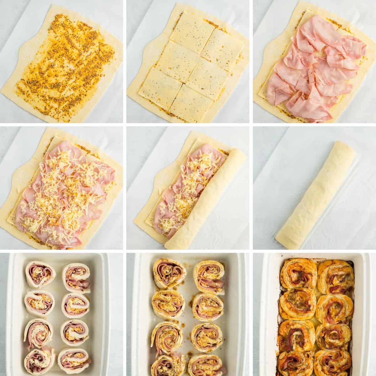 9 photos showing how to make and roll ham rollups.