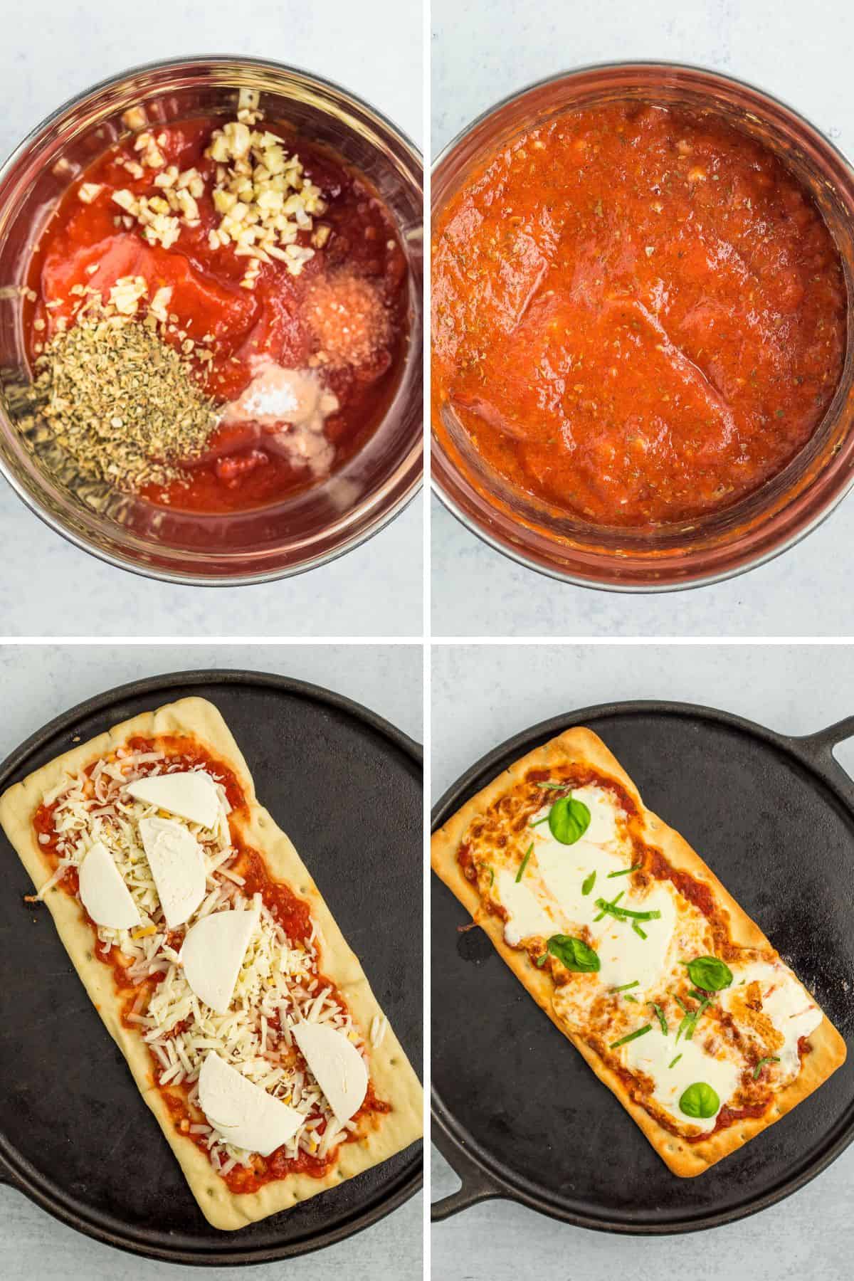 4 photos showing the process of making flatbread pizza.
