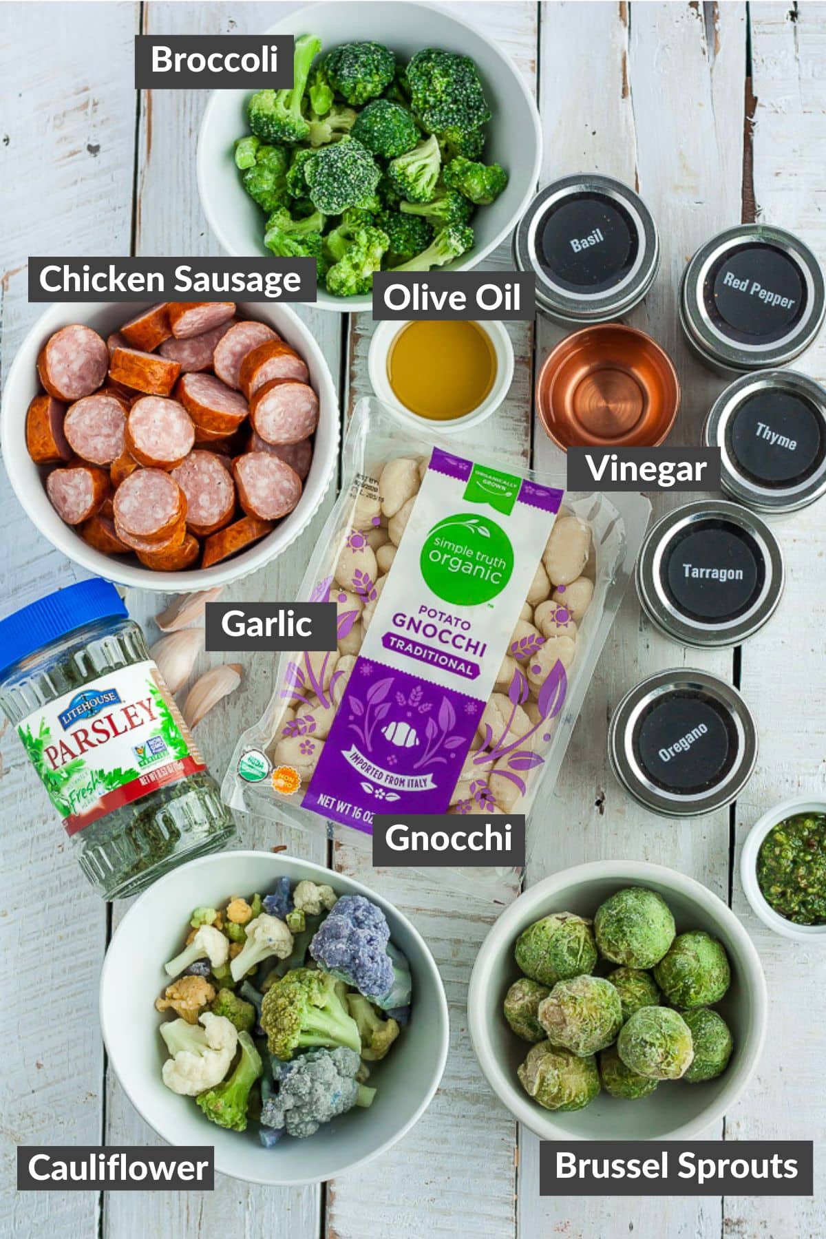 ingredients on a white wooden board.