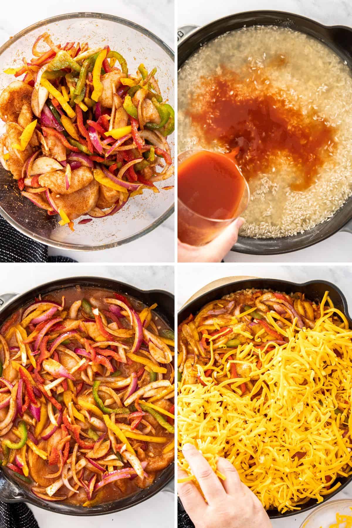 4 photos showing the process of making chicken fajitas casserole.