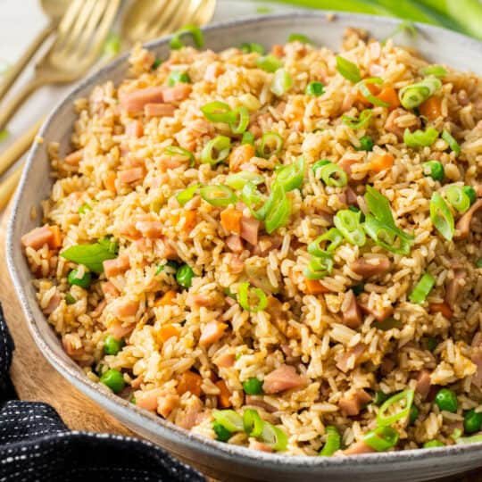 a beige bowl with ham fried rice topped with sliced green onions.
