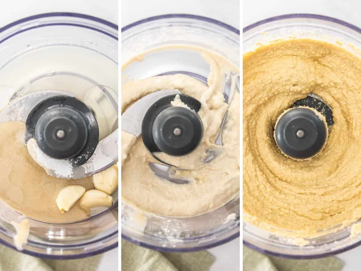 3 photos showing the process of making chickpea dip.