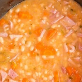 a close up shot of carrots, herbs, beans, ham, and broth in a slow cooker