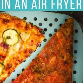 2 slices of leftover pizza in an air fryer with a blue air fryer liner.