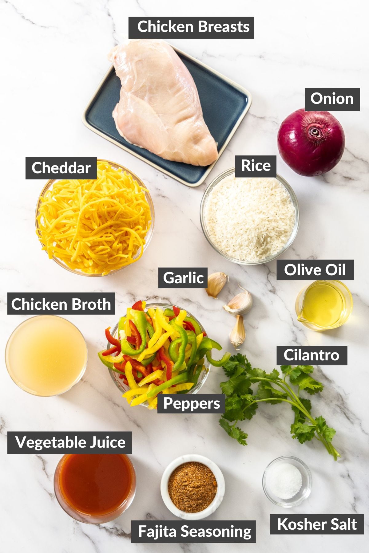 ingredients on a marbled board.