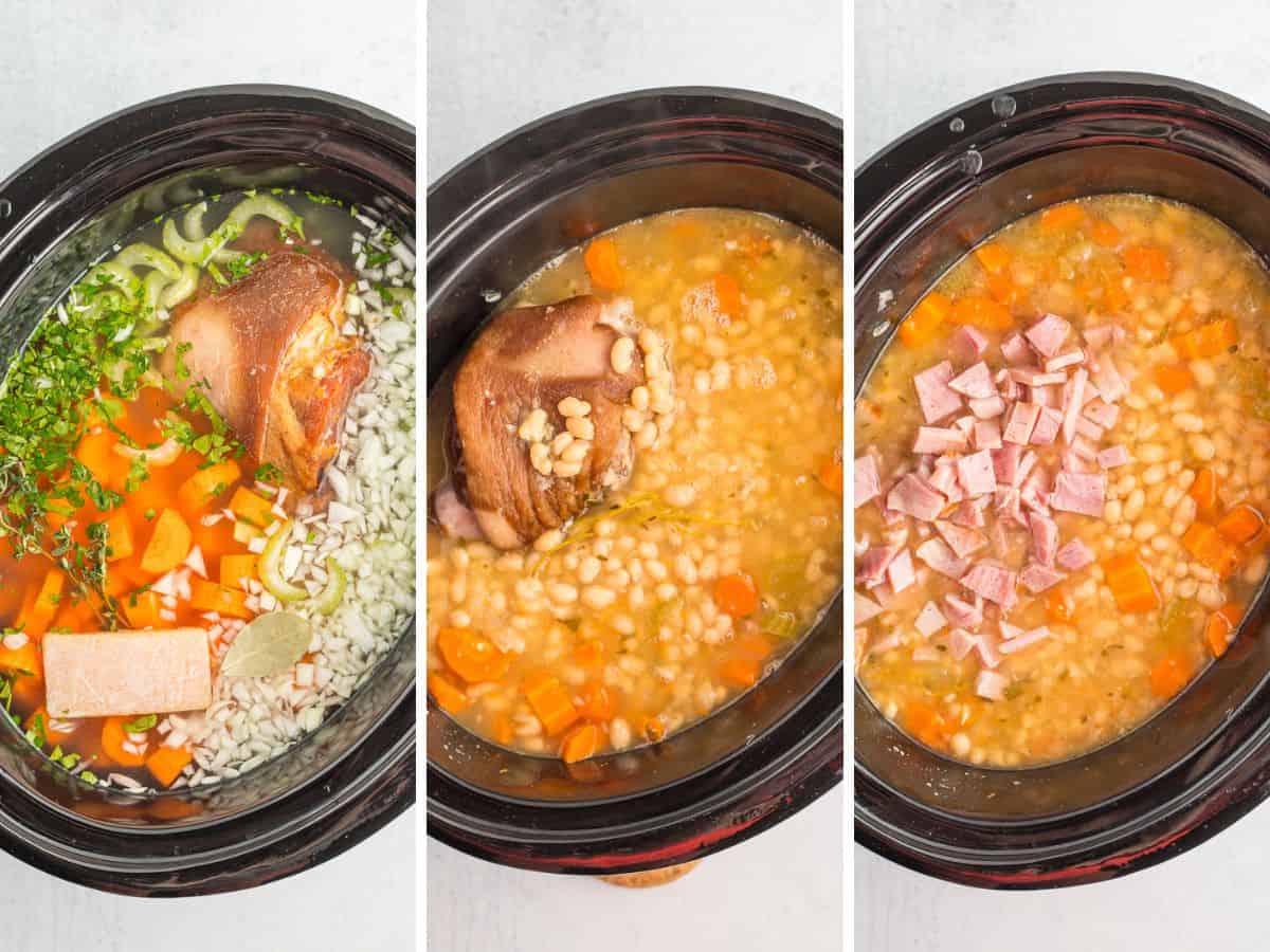 3 photos showing how to make beans and ham in a slow cooker.