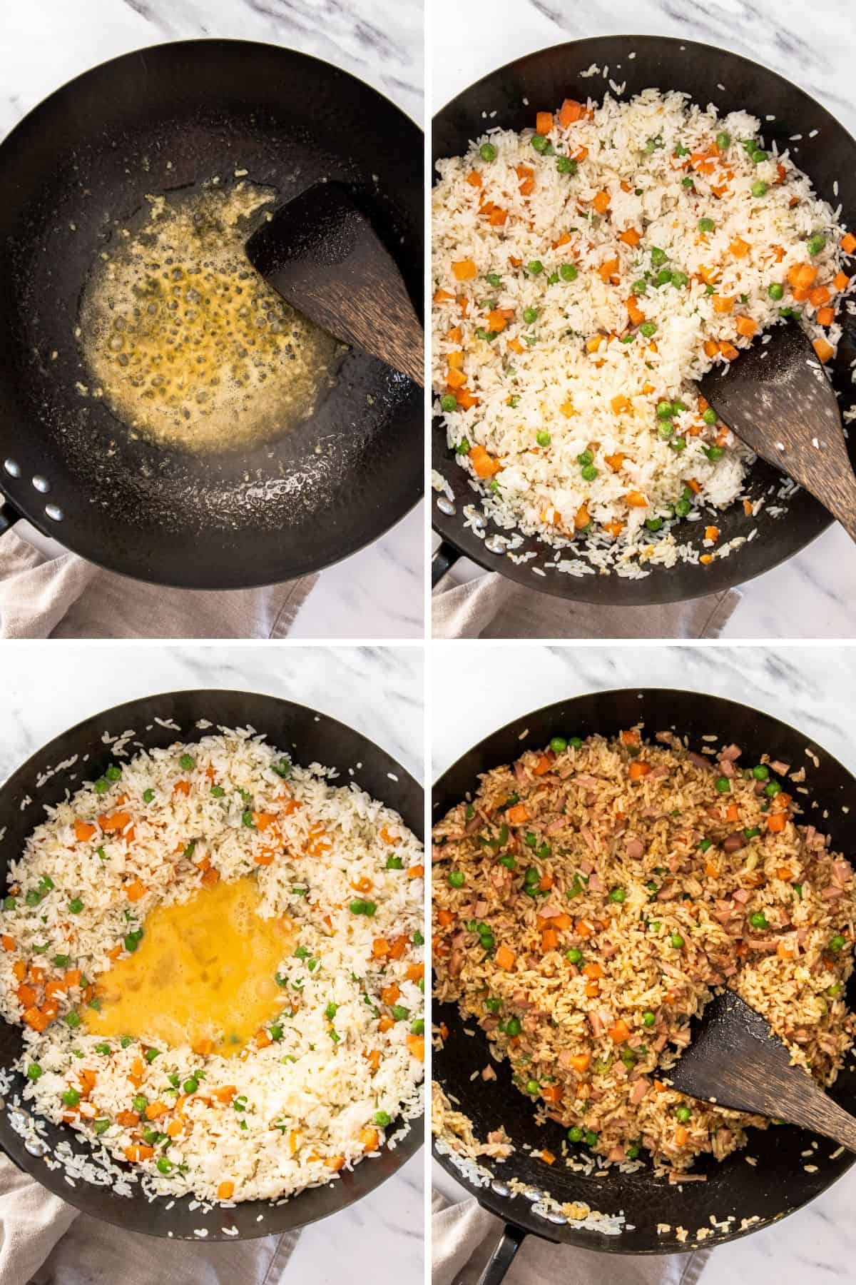 4 photos showing how to make fried rice with leftover ham.