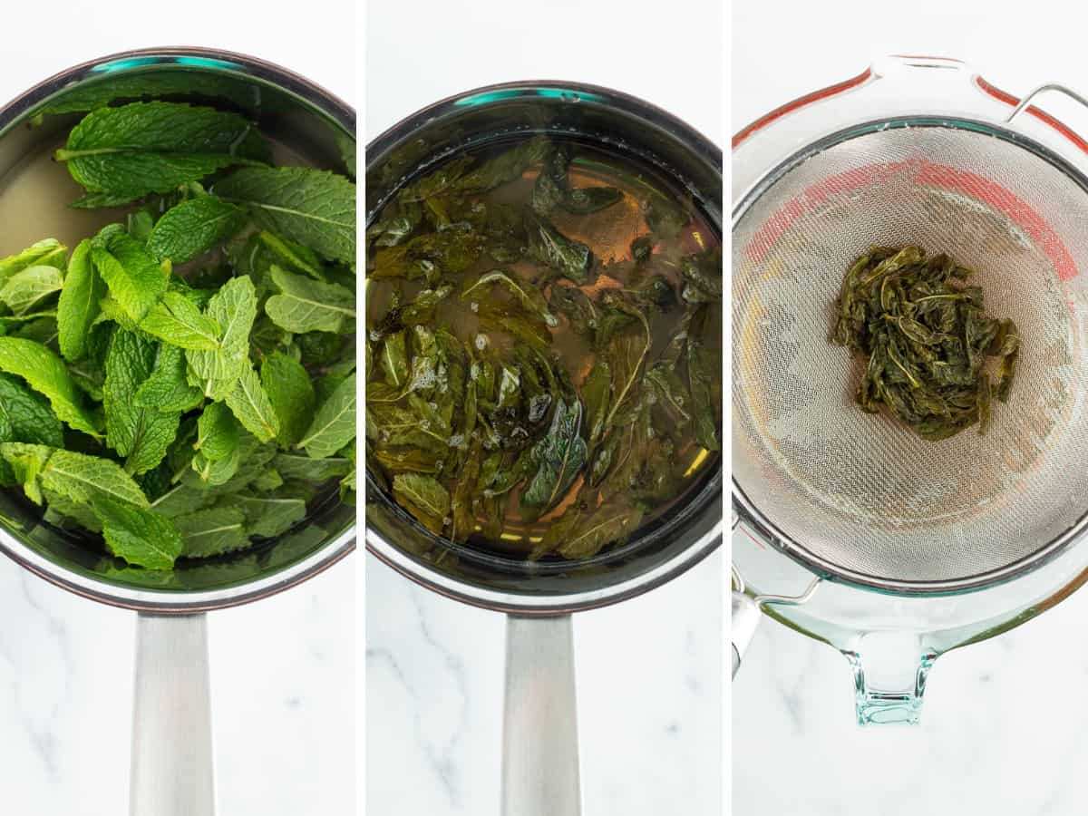 3 photos showing the process of making mint simple syrup