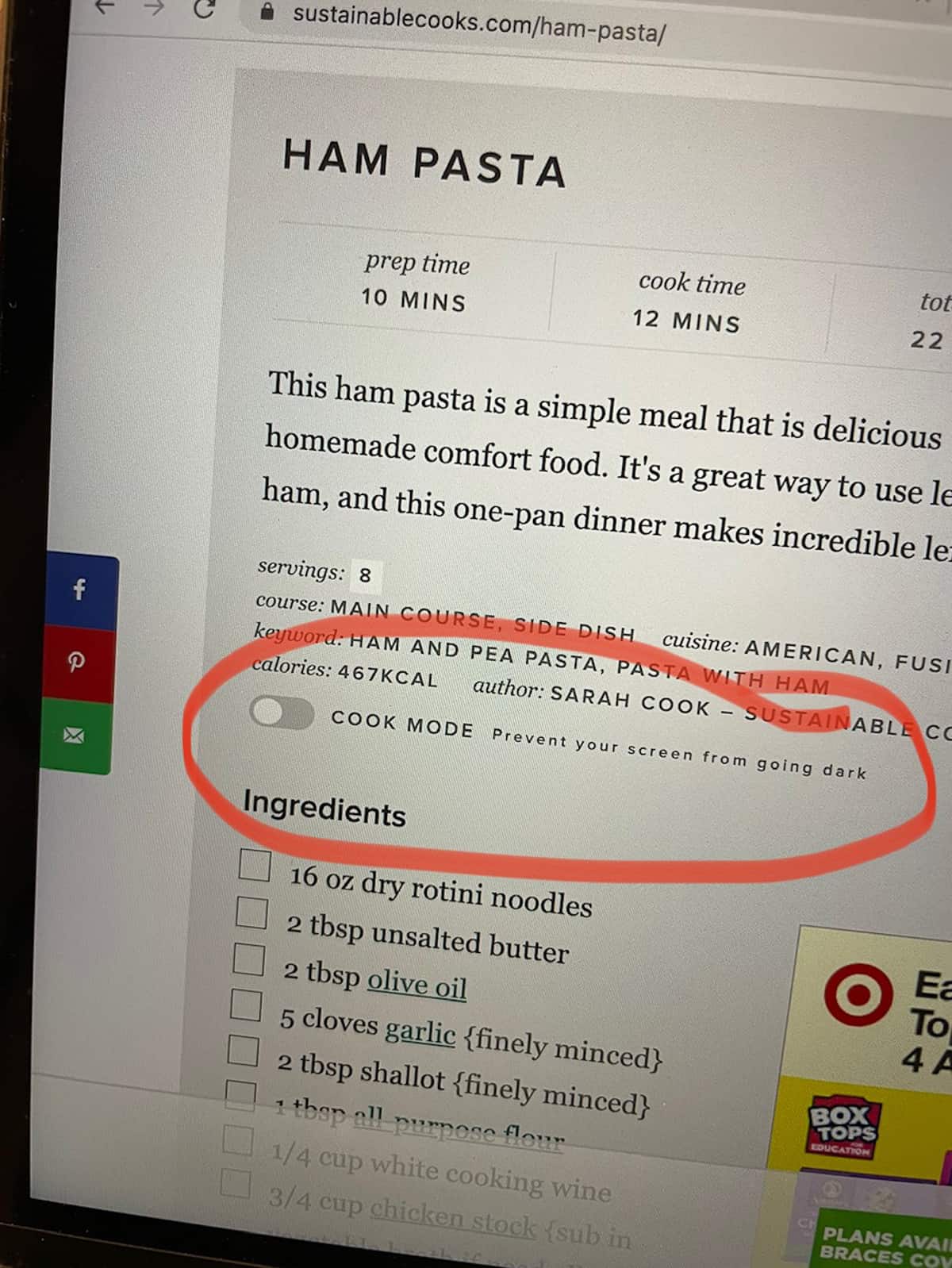 a screen shot of a website with a red circle around text that says "cook mode".